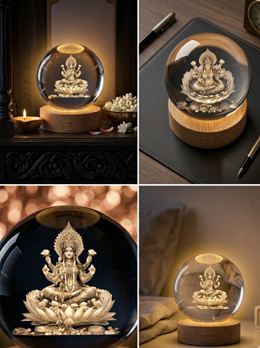 3D Laxmi Ji Crystal Ball Night Lamp with LED Wooden Base
