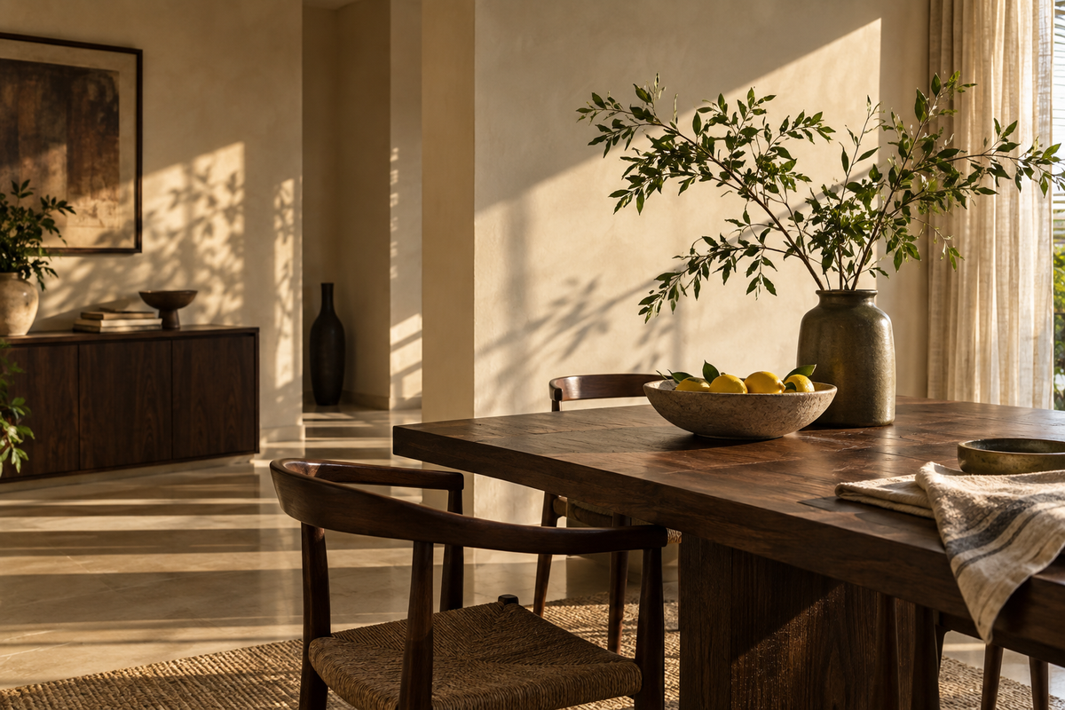 Sunlight across a warm, contemporary dining space with natural wood and olive foliage